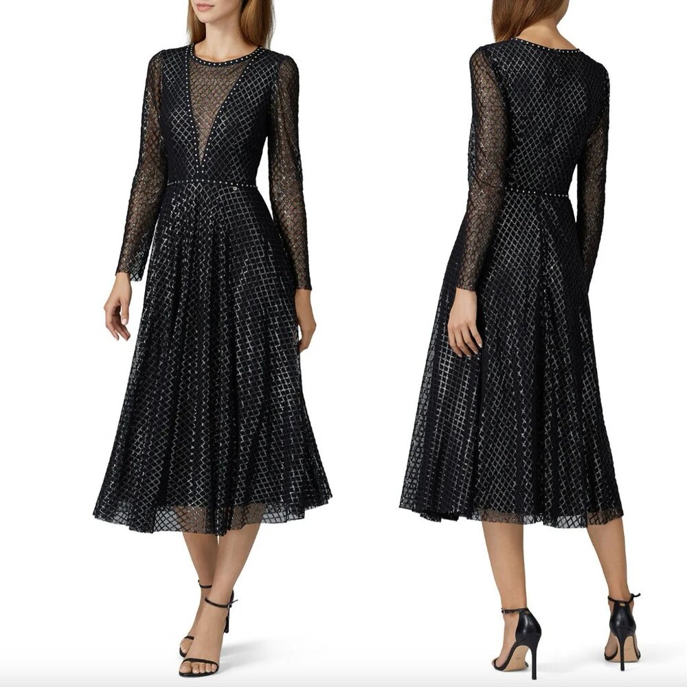 NISSA Black Printed Tulle Midi Dress Long Sleeve Metallic Silver Sheer Mesh 12
